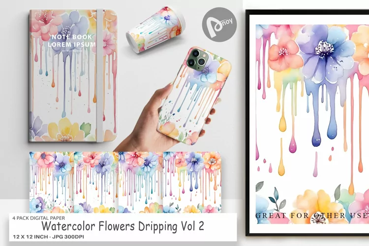 Digital Paper Watercolor Flower Drip