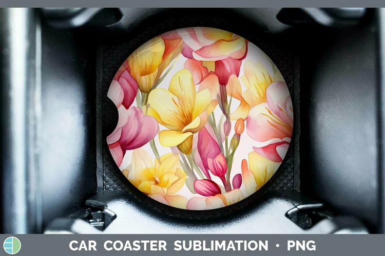 Watercolor Flowers Freesia Car Coaster Sublimation Coaster D