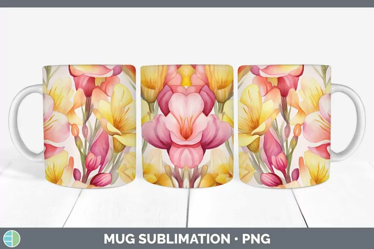 Watercolor Flowers Freesia Mug Wrap Sublimation Coffee Cup D