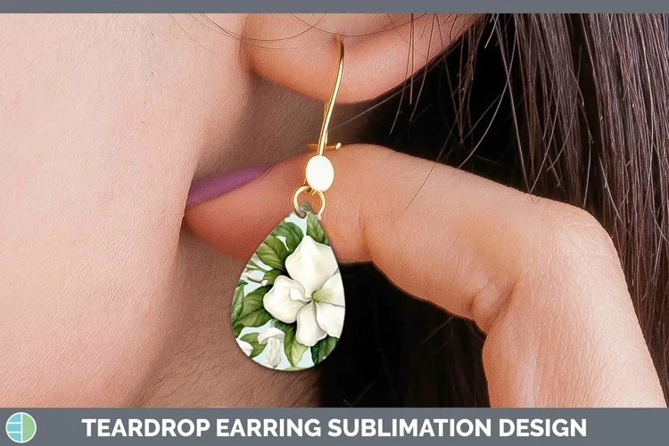 Watercolor Flowers Gardenia Teardrop Earrings Sublimation Ea