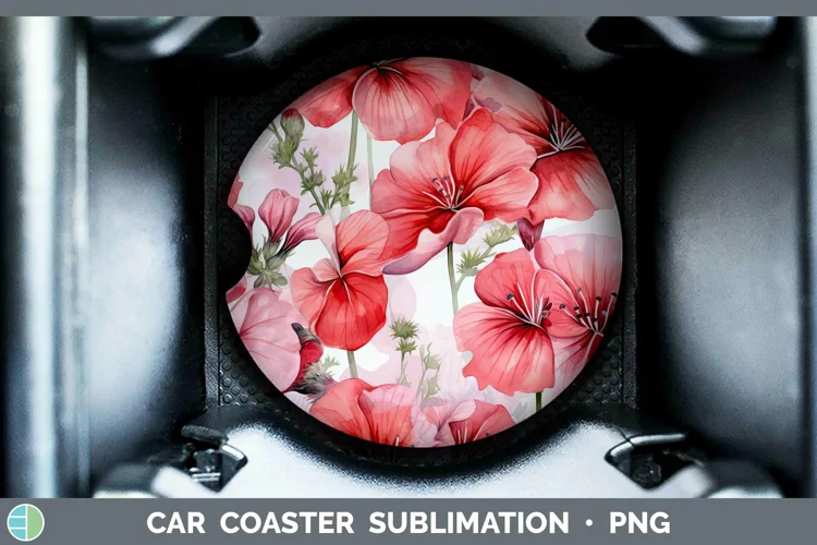 Watercolor Flowers Geranium Car Coaster Sublimation Coaster