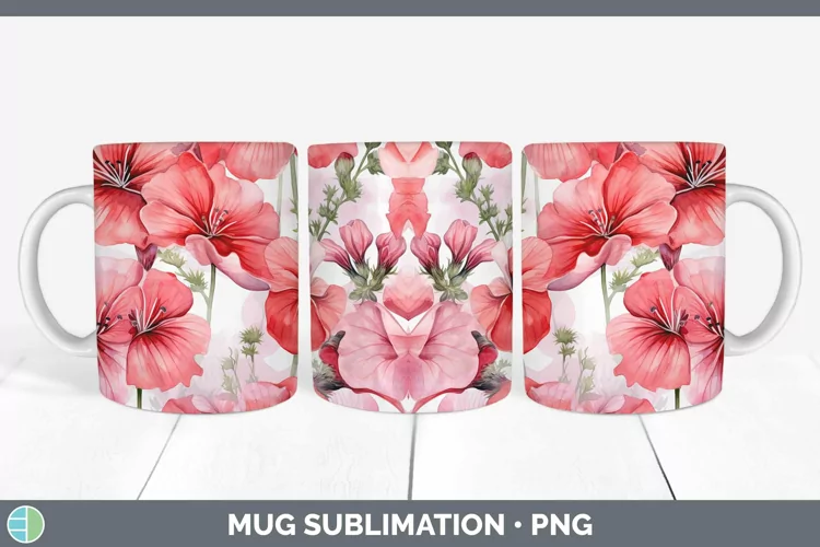 Watercolor Flowers Geranium Mug Wrap Sublimation Coffee Cup