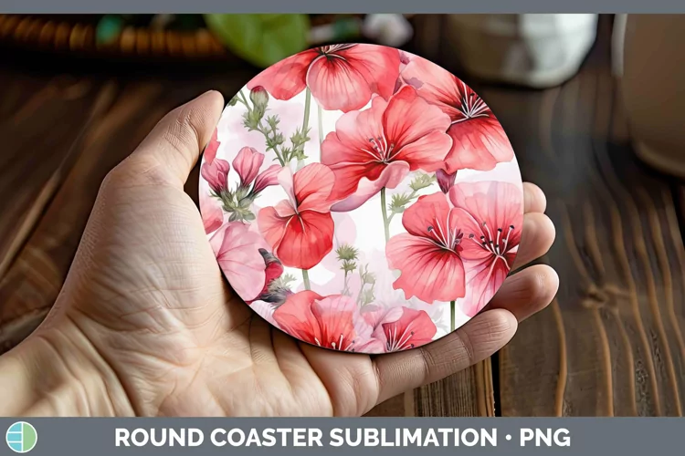 Watercolor Flowers Geranium Round Coaster Sublimation Coaste