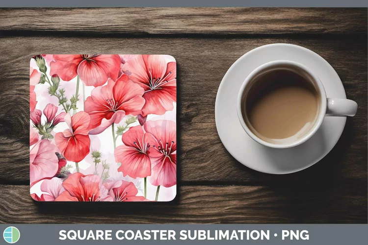 Watercolor Flowers Geranium Square Coaster Sublimation Coast