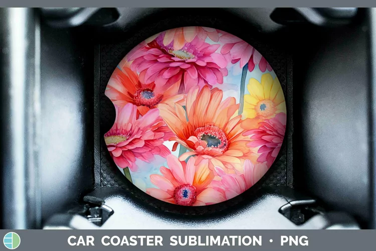 Watercolor Flowers Gerbera Daisy Car Coaster Sublimation Coa