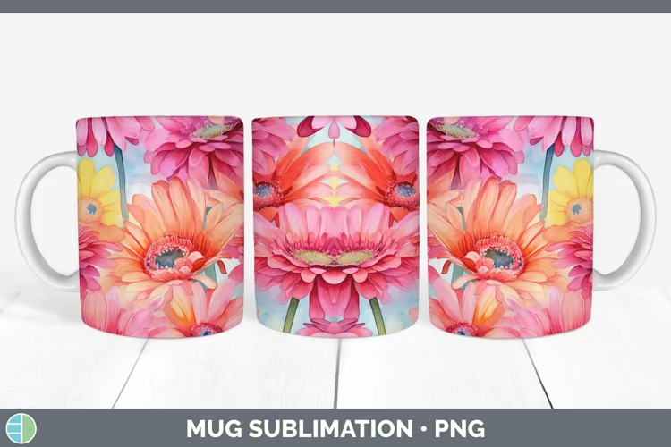 Watercolor Flowers Gerbera Daisy Mug Wrap Sublimation Coffee