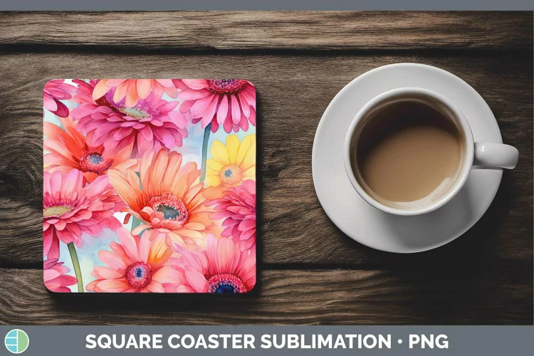 Watercolor Flowers Gerbera Daisy Square Coaster Sublimation