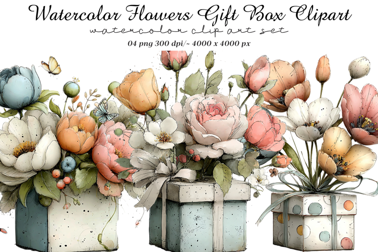 Watercolor Flowers Gift Box Clipart