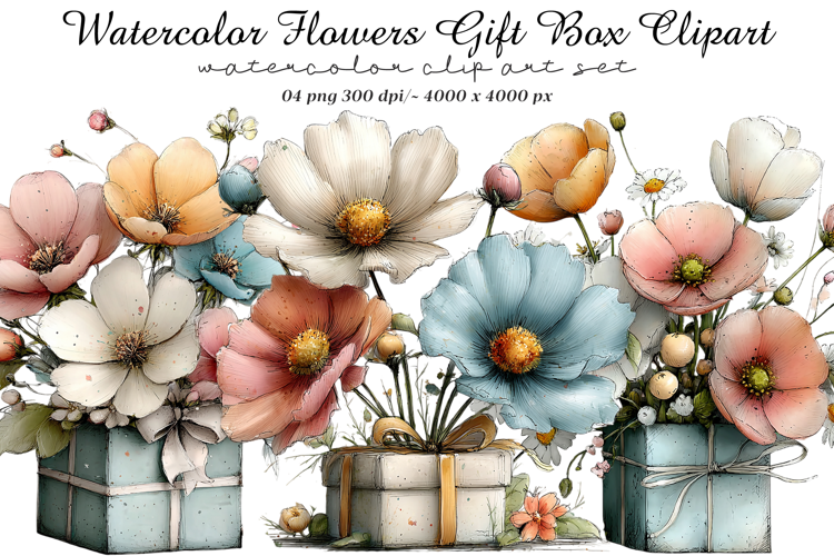 Watercolor Flowers Gift Box Clipart