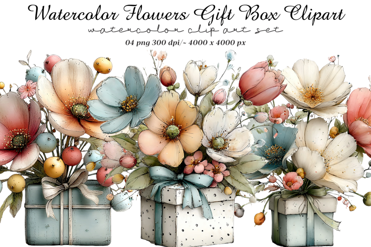 Watercolor Flowers Gift Box Clipart