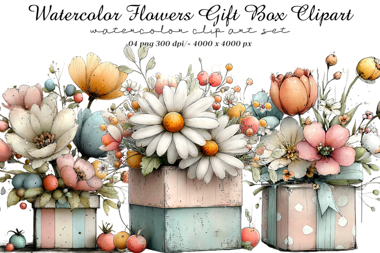 Watercolor Flowers Gift Box Clipart
