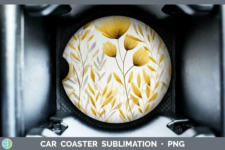 Watercolor Flowers Gold Car Coaster Sublimation Coaster Desi