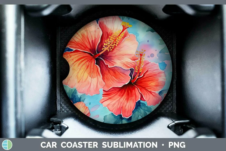 Watercolor Flowers Hibiscus Car Coaster Sublimation Coaster