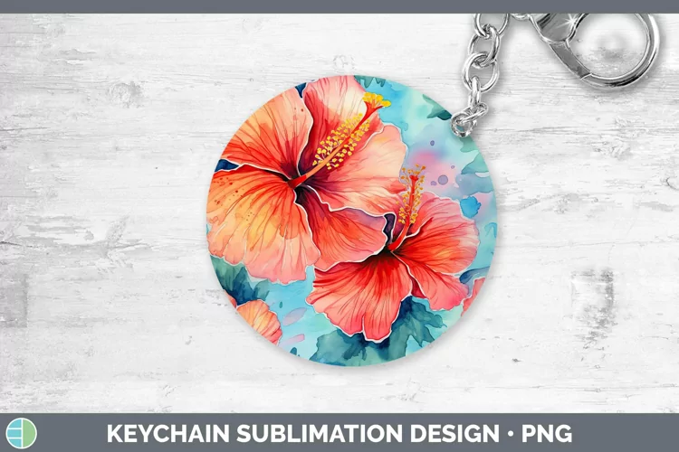 Watercolor Flowers Hibiscus Keychain Sublimation Keyring Des