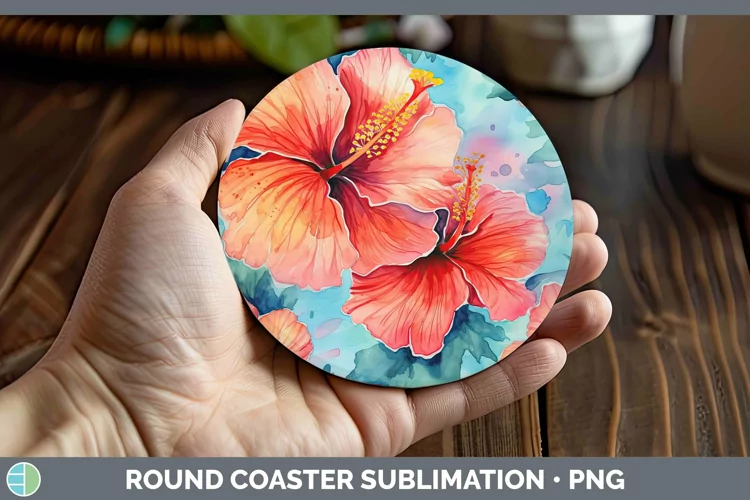 Watercolor Flowers Hibiscus Round Coaster Sublimation Coaste