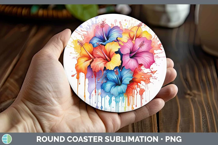 Watercolor Flowers Hibiscus Round Coaster Sublimation Coaste