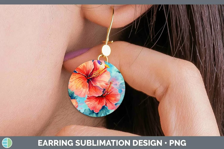 Watercolor Flowers Hibiscus Round Earrings Sublimation Earri