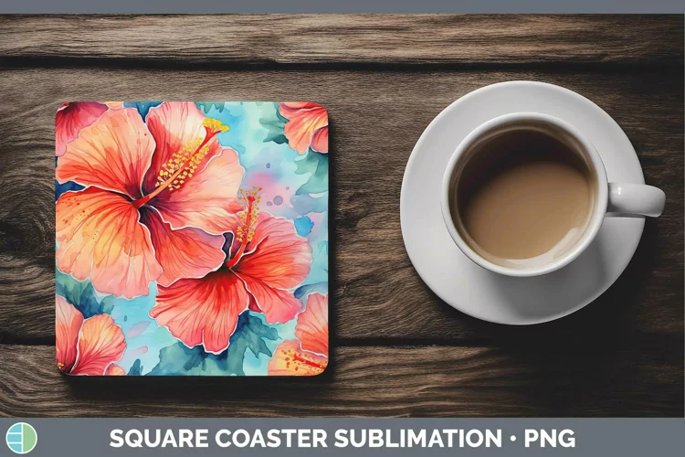 Watercolor Flowers Hibiscus Square Coaster Sublimation Coast