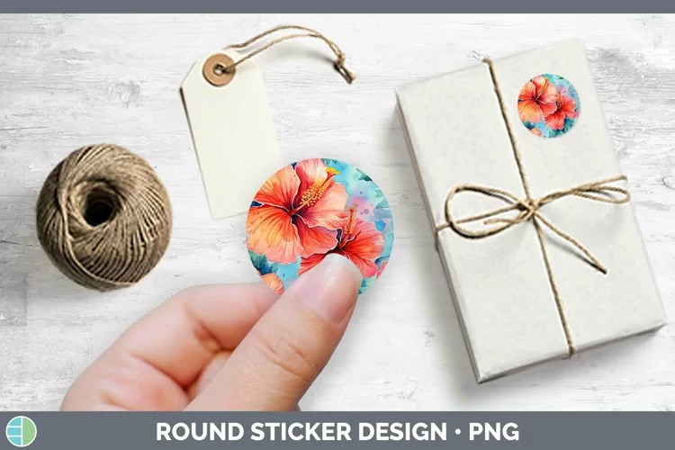 Watercolor Flowers Hibiscus Stickers | Round Labels Designs