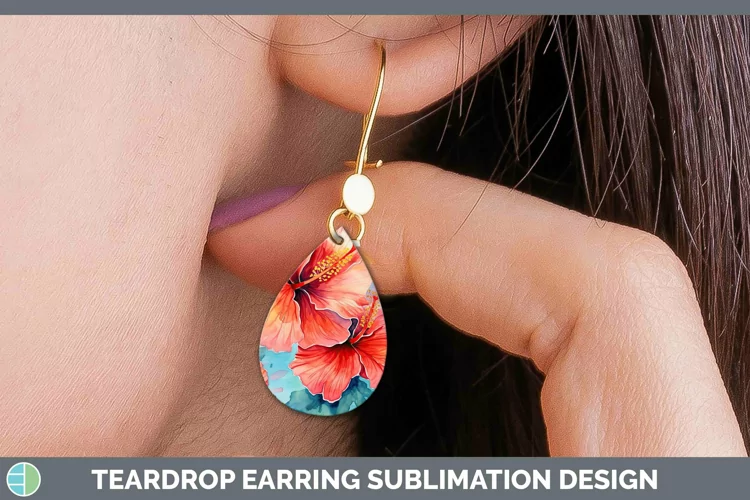 Watercolor Flowers Hibiscus Teardrop Earrings Sublimation Ea