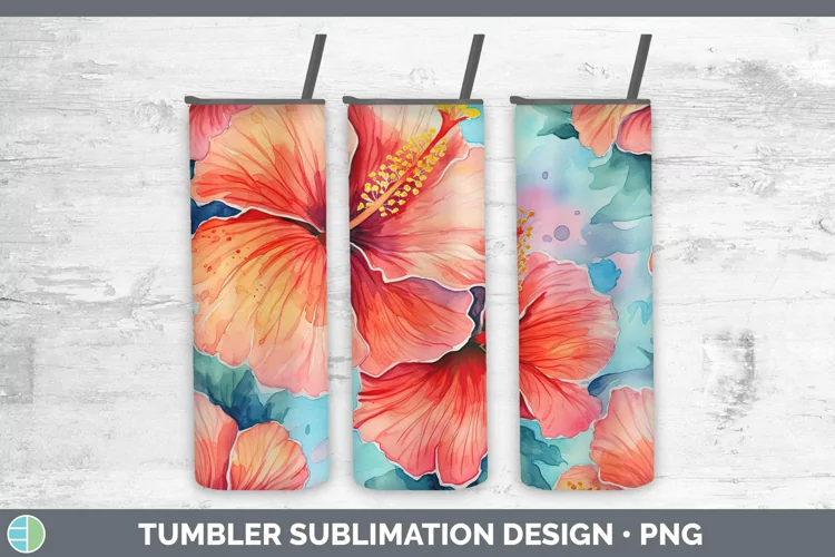Watercolor Flowers Hibiscus Tumbler Sublimation 20 oz Skinny