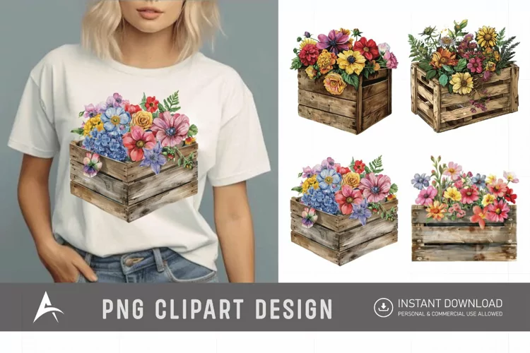 Watercolor Flowers in Crate Clipart