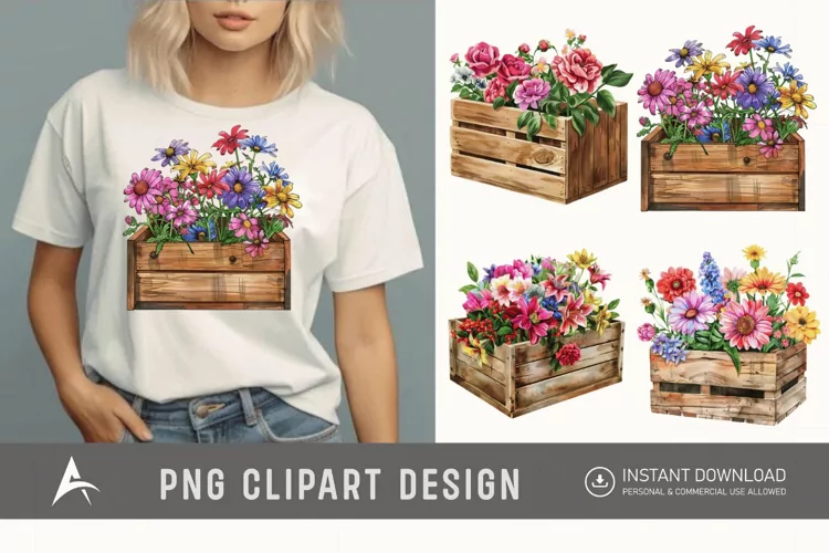 Watercolor Flowers in Crate Clipart