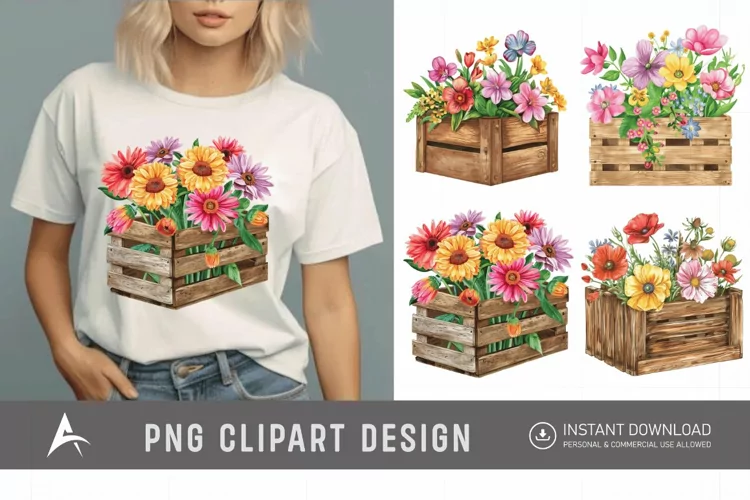 Watercolor Flowers in Crate Clipart