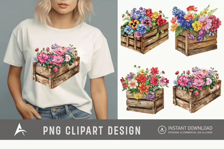 Watercolor Flowers in Crate Clipart