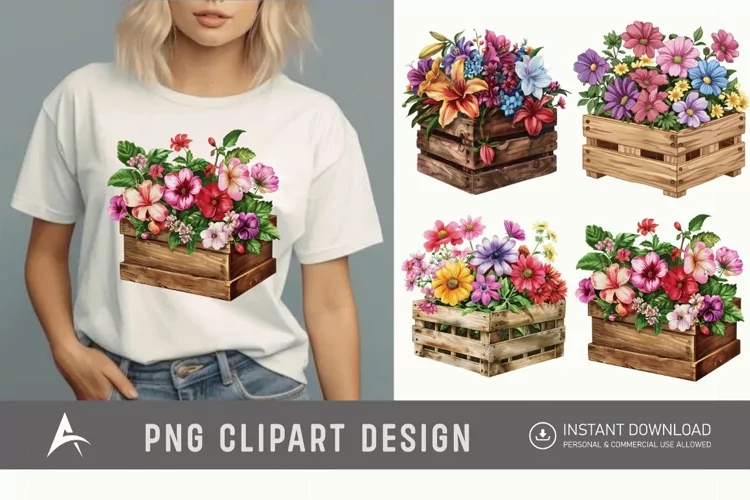 Watercolor Flowers in Crate Clipart