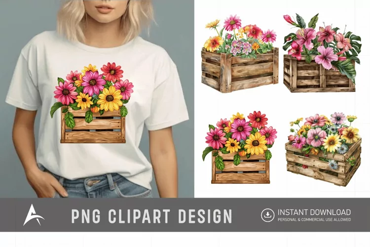 Watercolor Flowers in Crate Clipart