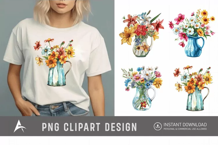 Watercolor Flowers in Water Jug Clipart
