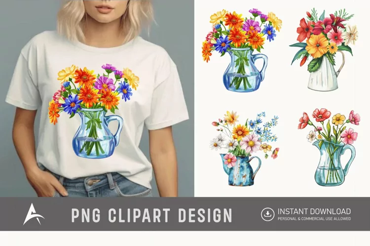 Watercolor Flowers in Water Jug Clipart