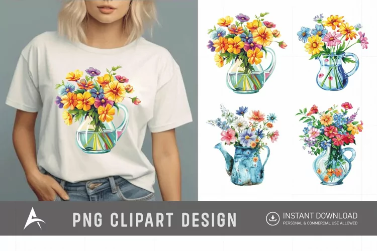 Watercolor Flowers in Water Jug Clipart