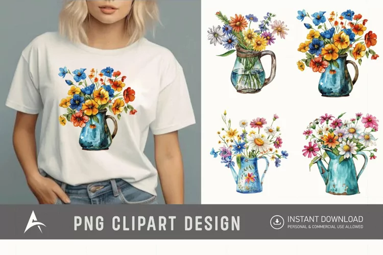 Watercolor Flowers in Water Jug Clipart