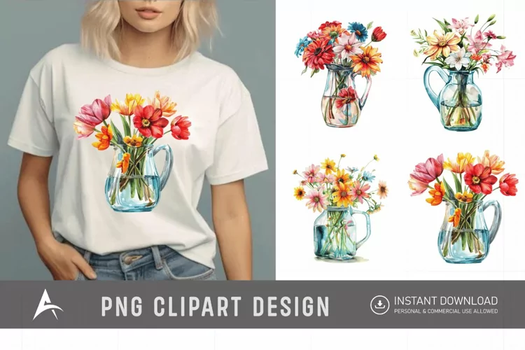 Watercolor Flowers in Water Jug Clipart