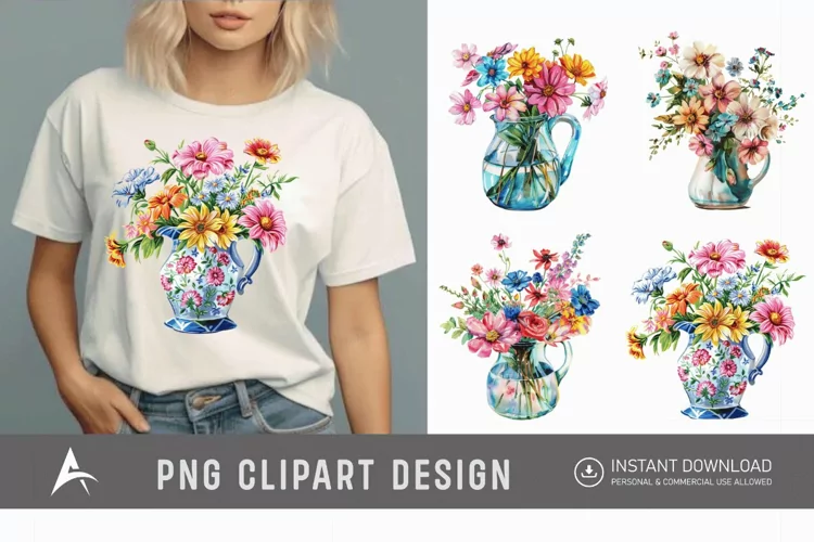 Watercolor Flowers in Water Jug Clipart