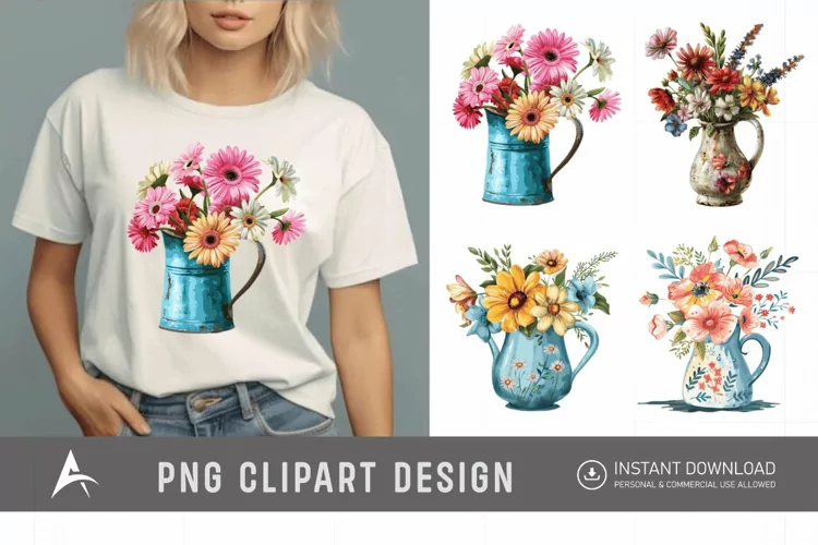 Watercolor Flowers in Water Jug Clipart