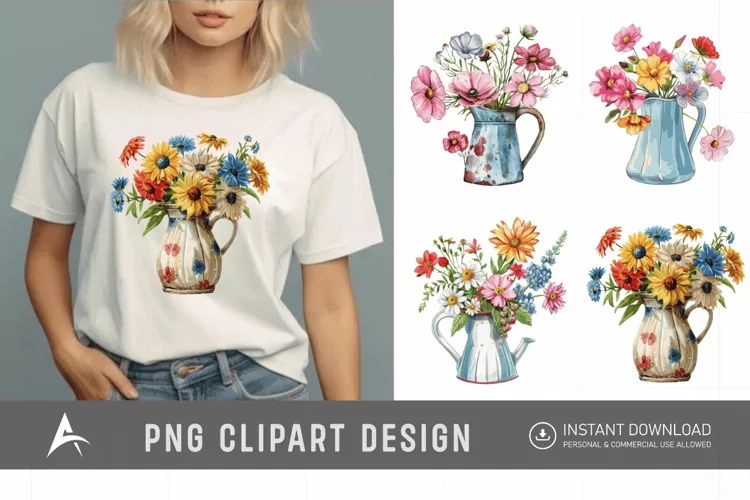 Watercolor Flowers in Water Jug Clipart