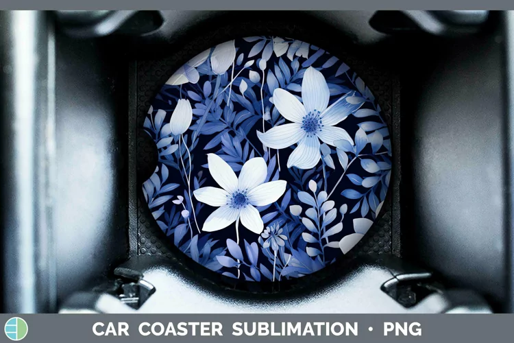 Watercolor Flowers Indigo Car Coaster Sublimation Coaster De