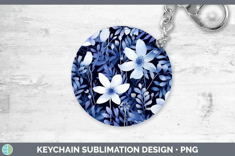 Watercolor Flowers Indigo Keychain Sublimation Keyring Desig