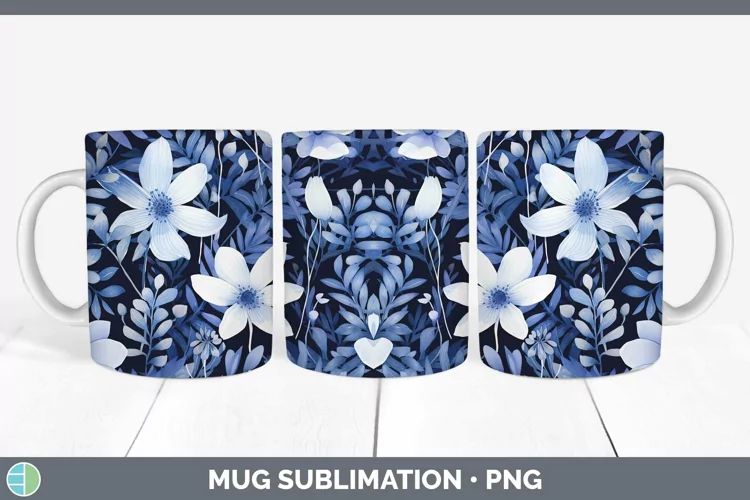 Watercolor Flowers Indigo Mug Wrap Sublimation Coffee Cup De