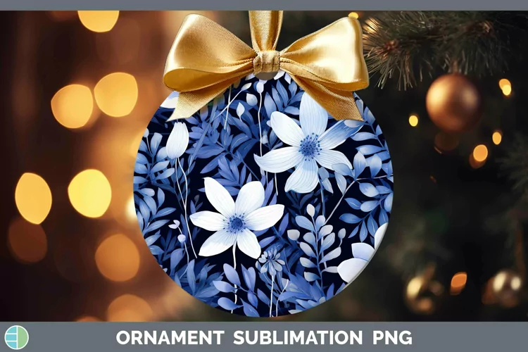 Watercolor Flowers Indigo Ornament Sublimation Bauble Design