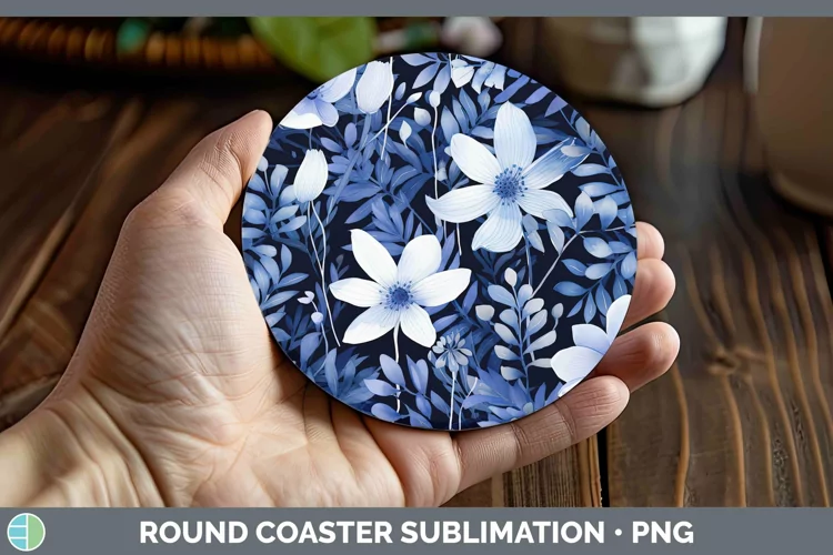 Watercolor Flowers Indigo Round Coaster Sublimation Coaster