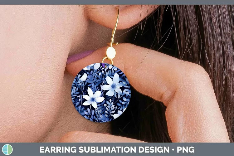 Watercolor Flowers Indigo Round Earrings Sublimation Earring