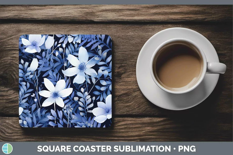 Watercolor Flowers Indigo Square Coaster Sublimation Coaster