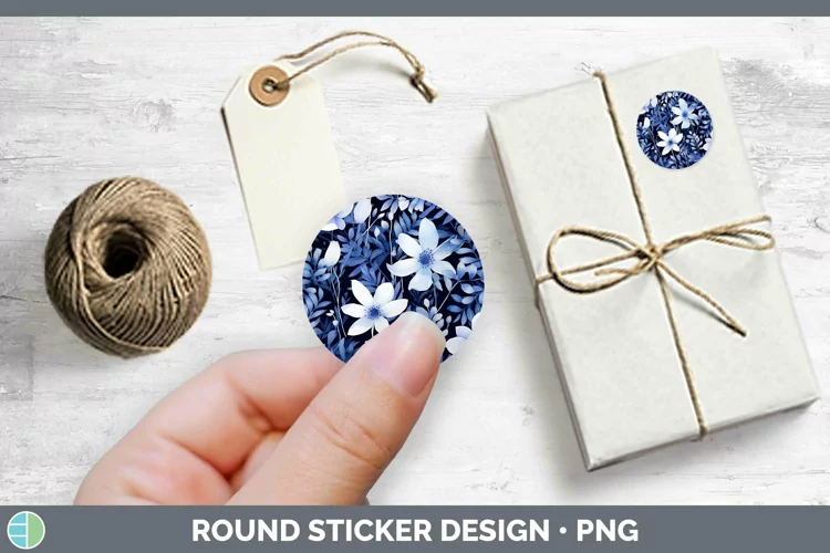 Watercolor Flowers Indigo Stickers | Round Labels Designs