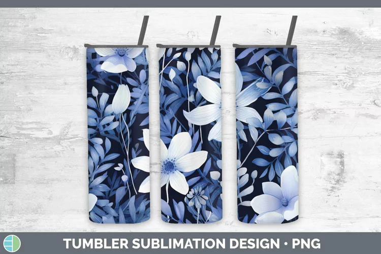 Watercolor Flowers Indigo Tumbler Sublimation 20 oz Skinny T