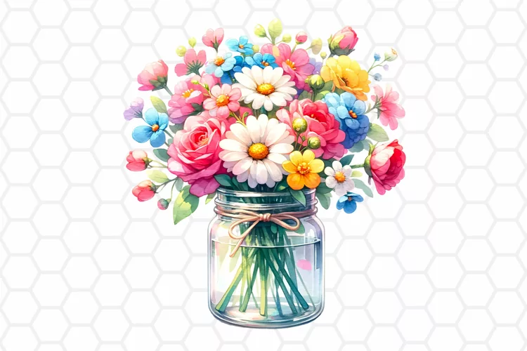Watercolor Flowers Jar Clipart, Sublimation PNG