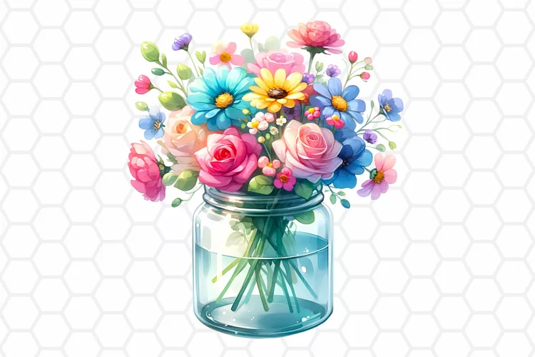 Watercolor Flowers Jar Clipart, Sublimation PNG